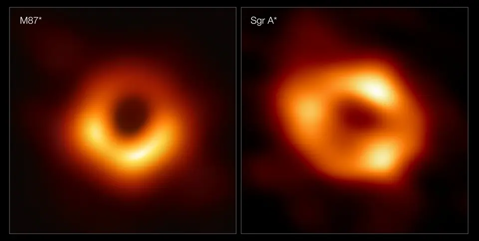 Las dos primeras imágenes de agujeros negros del Event Horizon Telescope, lado a lado: M87* y Sagitario A*, anillos anaranjados alrededor de una sombra oscura