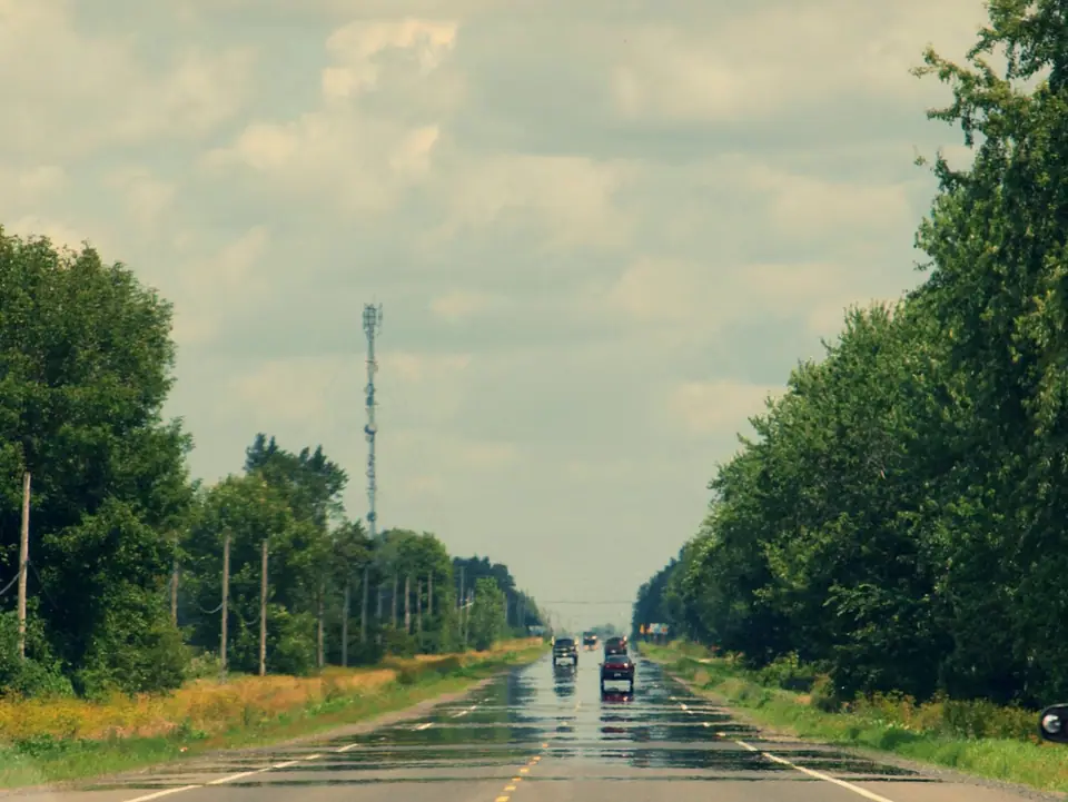 Ruta recta con árboles a los costados: sobre el asfalto, a lo lejos, una franja brillante que parece agua refleja los autos y el cielo