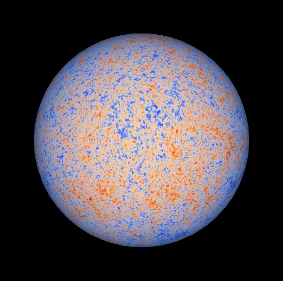 El fondo cósmico de microondas dibujado sobre una esfera: manchas rojas y azules que marcan diferencias mínimas de temperatura