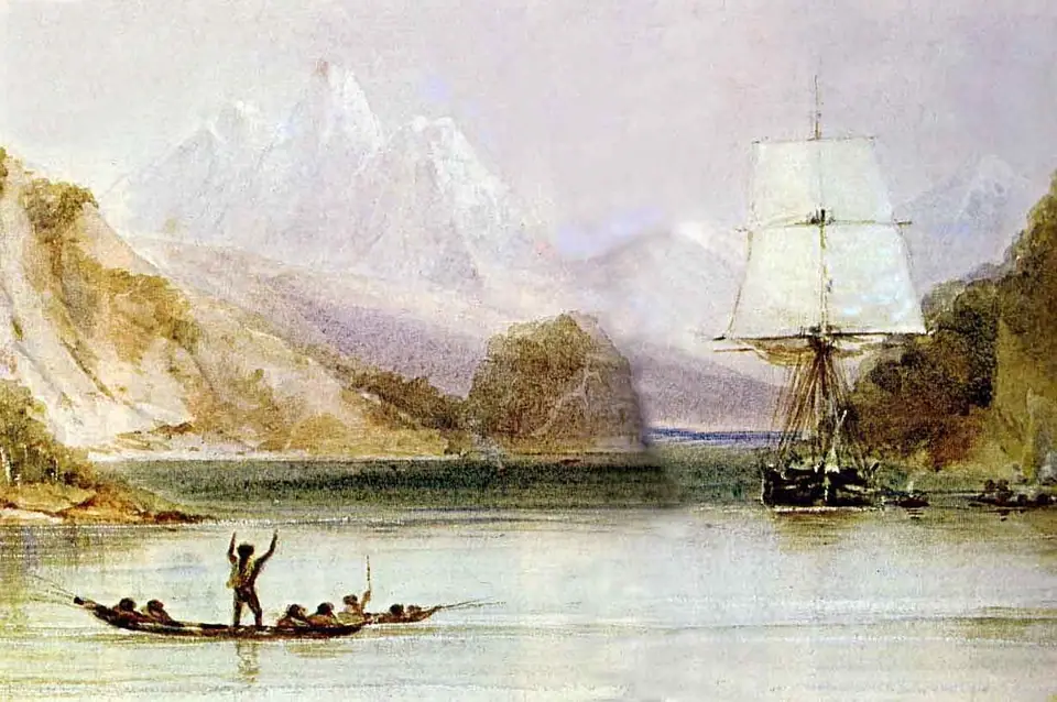Acuarela del HMS Beagle navegando entre montañas, pintada por Conrad Martens