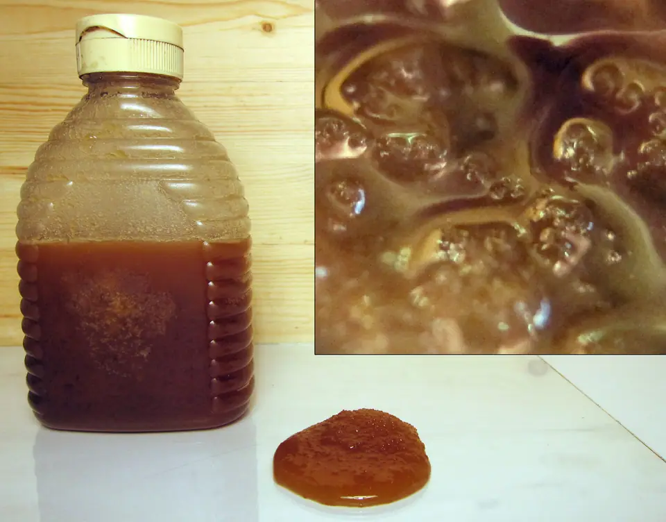Frasco de miel cristalizada, turbia y granulada, con un detalle ampliado de los cristales de glucosa