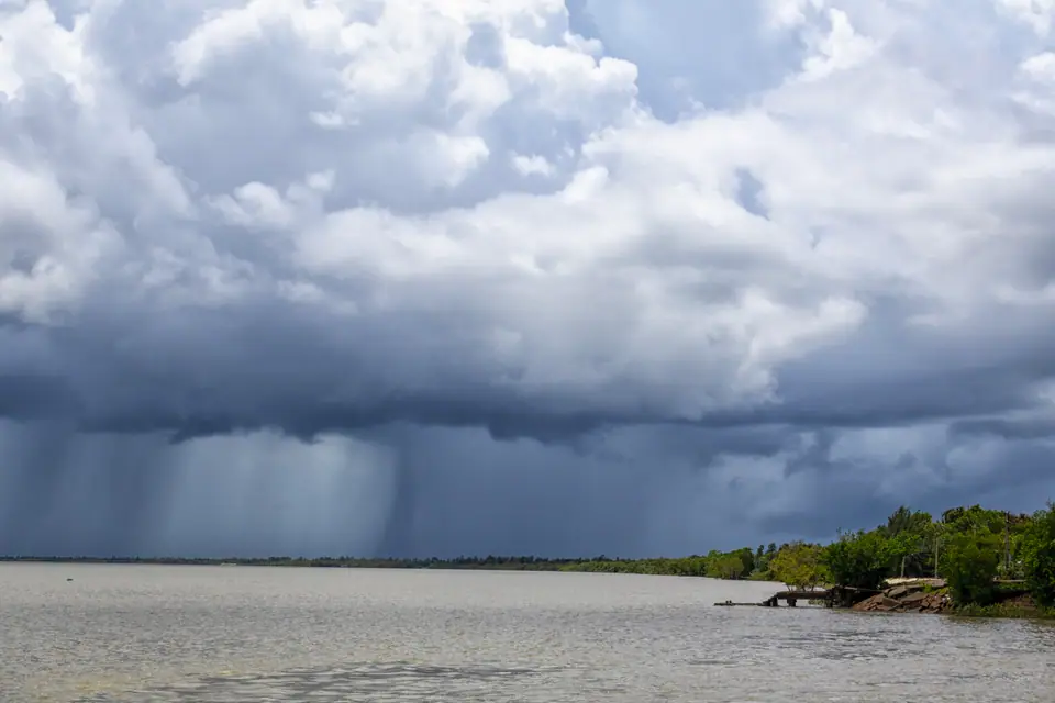 Nubes de tormenta sobre el agua: las cimas iluminadas se ven blancas y la base, gris oscuro, deja caer cortinas de lluvia