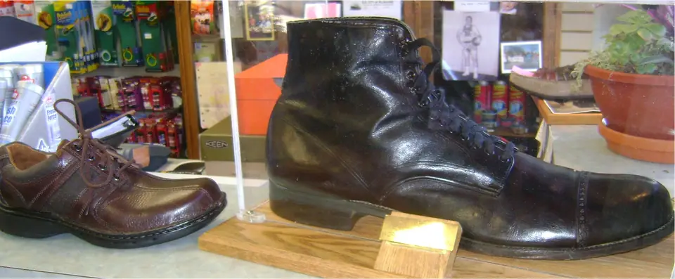 Un zapato de Robert Wadlow exhibido junto a un zapato de hombre de tamaño común, que parece de niño a su lado